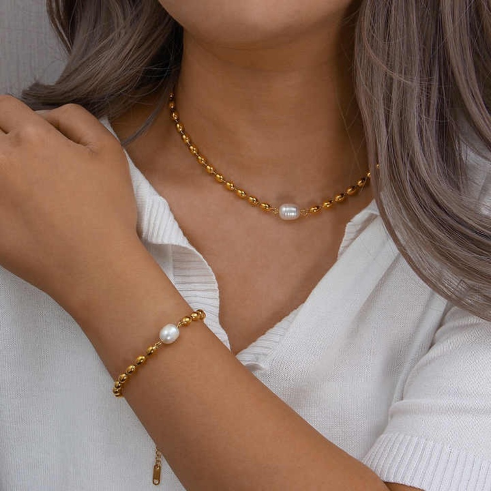 18K Gold Plated, Freshwater Pearl Necklace and Bracelet Set
